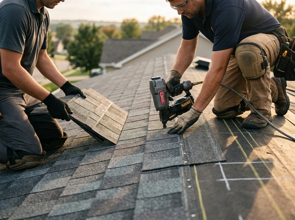 Professional roofer working on a residential roof in Woodway